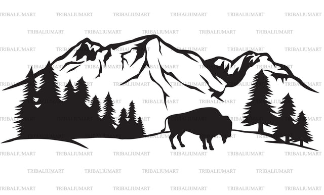 Silhouette of American bison and mountain landscape SVG TribaliumArtSF 