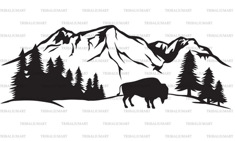 Silhouette of American bison and mountain landscape SVG TribaliumArtSF 