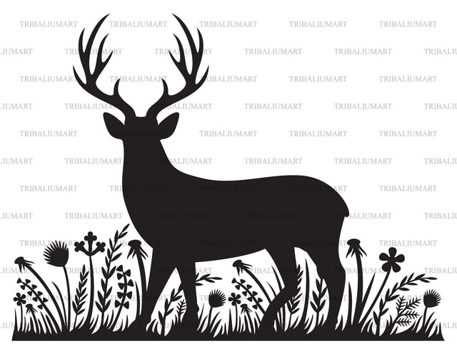 Silhouette of deer and grass (flowers and plants) SVG TribaliumArtSF 