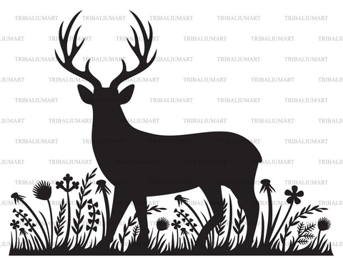 Silhouette of deer and grass (flowers and plants) SVG TribaliumArtSF 