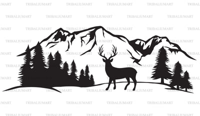 Silhouette of deer and mountain landscape (hunting design) SVG TribaliumArtSF 