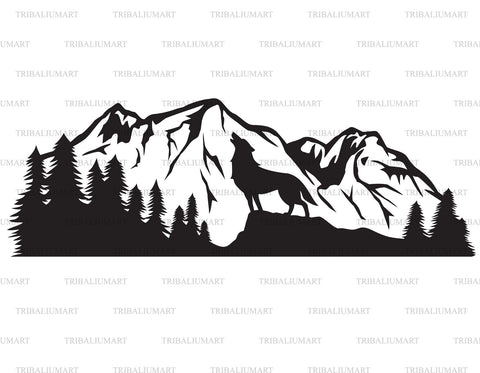 Silhouette of howling wolf and mountain landscape SVG TribaliumArtSF 