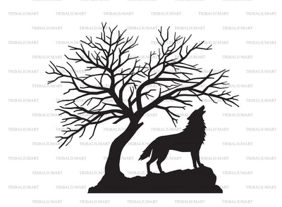 Silhouette of howling wolf and scary bare black tree SVG TribaliumArtSF 