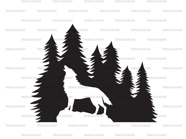 Silhouette of howling wolf in forest SVG TribaliumArtSF 