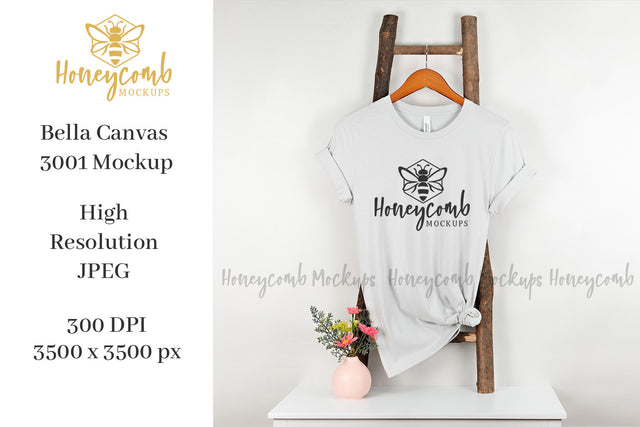 Silver Bella Canvas 3001 Mockup, Hanging Ladder Mockup, Women's T-Shirt Mockup Mock Up Photo Honeycomb Mockups 
