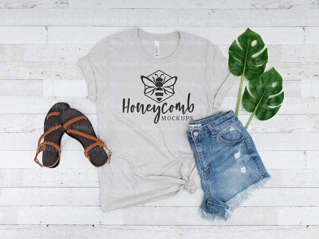 Silver Bella Canvas 3001 Mockup, Women's Summer T-Shirt Mockup Mock Up Photo Honeycomb Mockups 
