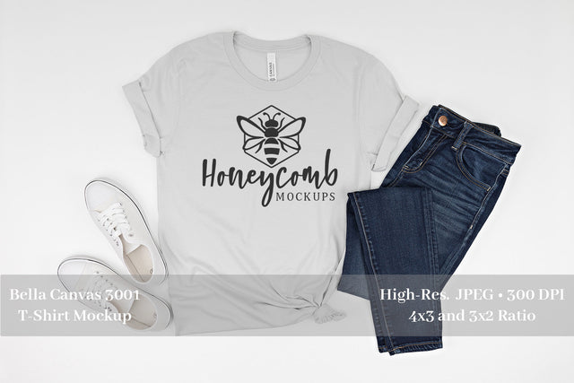 Silver Bella Canvas 3001 Mockup, Women's T-Shirt Mockup Mock Up Photo Honeycomb Mockups 