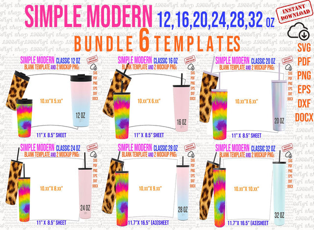 Simple Modern Template, Simple Modern Bundle 6 Templates, 12,16,20,24,28,32oz, Cricut Silhouette, Svg, Png, Pdf, Dxf, Eps, Docx SVG 1966digi 