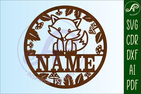 Single fox Name sign 4 option svg laser cut template, wall a SVG APInspireddesigns 