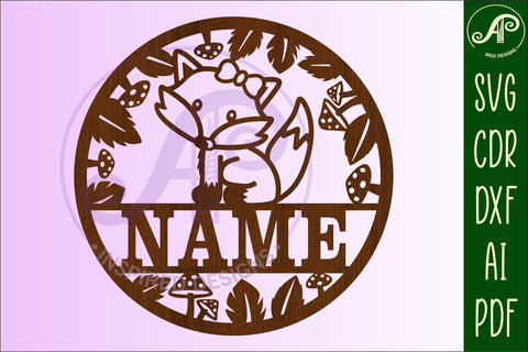 Single fox Name sign 4 option svg laser cut template, wall a SVG APInspireddesigns 