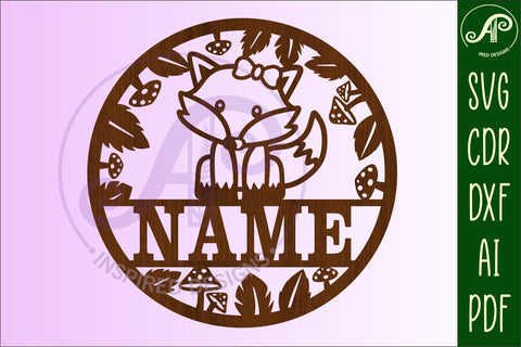 Single fox Name sign 4 option svg laser cut template, wall a SVG APInspireddesigns 