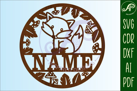 Single fox Name sign 4 option svg laser cut template, wall a SVG APInspireddesigns 