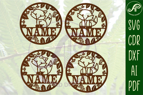 Single fox Name sign 4 option svg laser cut template, wall a SVG APInspireddesigns 