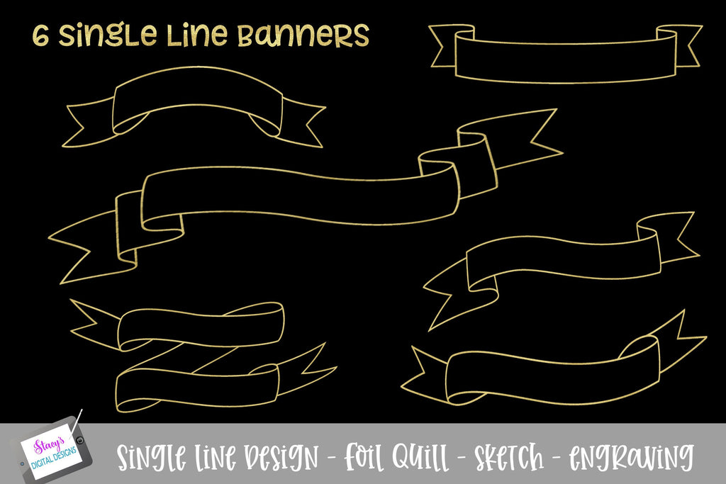 Banner Single Color Design Single Line Banner Bundle - 6 Foil quill / Sketch File Banners - So Fontsy
