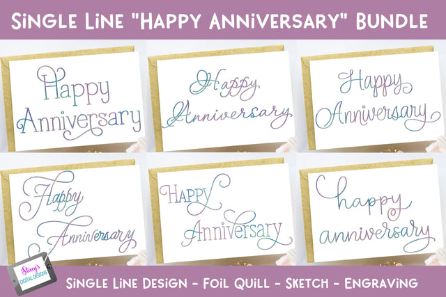 Single Line Happy Anniversary Bundle | 6 foil quill designs SVG Stacy's Digital Designs 