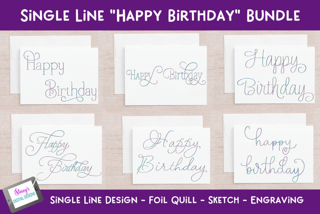 Single Line Happy Birthday Bundle | 6 foil quill designs SVG Stacy's Digital Designs 