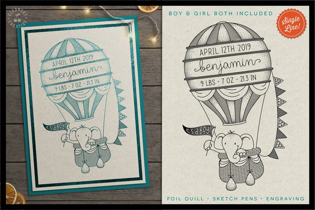 Single Line HOT AIR BALLOON Birth Stats Baby Announcement sketch file foil quill Sketch DESIGN CleanCutCreative 