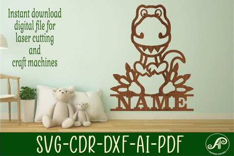 Sitting T Rex theme Name sign svg laser cut template SVG APInspireddesigns 