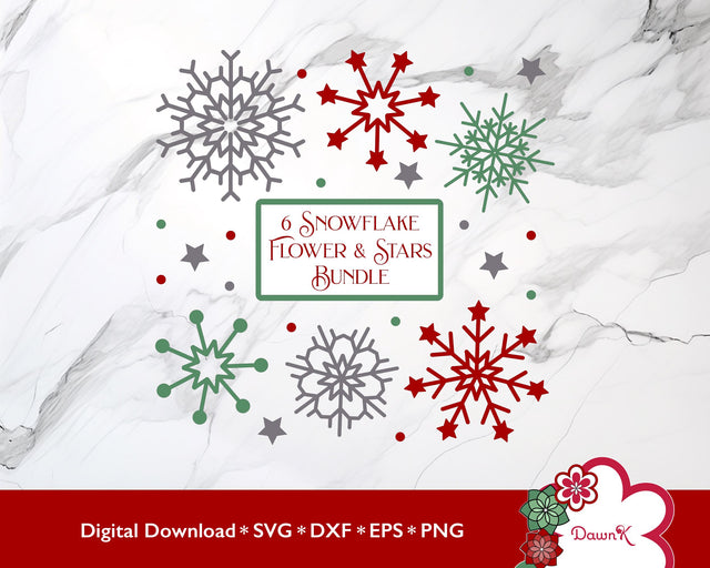 Six Snowflake Flower Stars Bundle SVG | Red Green Silver SVG DawnKDesigns 