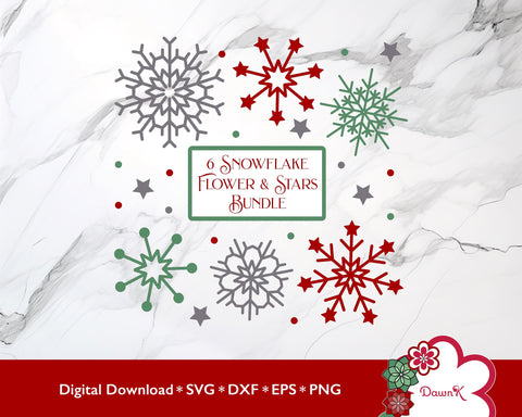 Six Snowflake Flower Stars Bundle SVG | Red Green Silver SVG DawnKDesigns 
