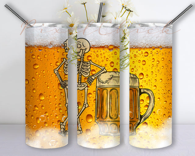 Skeleton Drinking Beer, Beer Lover, Gift For Dad Grandpa Bartender, Skeleton 20Oz Skinny Tumbler Wrap, Tumblers Sublimation Designs, Instant Download Sublimation PixelChick 