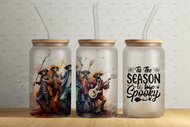 Skeleton Glass Jar, Halloween Glass Can Wrap, Dancing Skeleton Libbey Cup, Tis The Season To Be Spooky, 16 oz Libbey Glass Can, Digital File Sublimation Syre Digital Creations 
