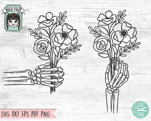 Skeleton Hand Holding Flowers svg file, Hand Bouquet cut file, Skeleton Flower svg file, Halloween svg file, Skeleton Hand floral svg, bones svg SVG Wild Pilot 