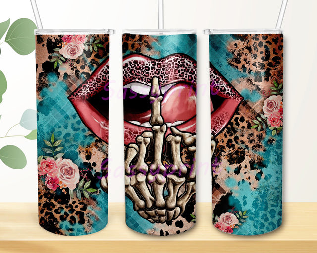 Skeleton hand lip floral cowhide leopard 20oz skinny tumbler png design, western tumbler png, floral tumbler png, sublimate designs download Sublimation sassyprint 