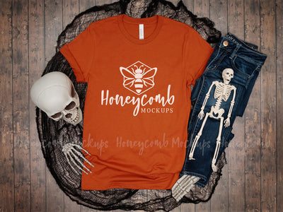Skeleton Mockup, Autumn Bella Canvas 3001 T-Shirt Mockup, Halloween Mockup, Orange T-Shirt Mockup Mock Up Photo Honeycomb Mockups 