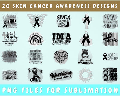 Skin Cancer Awareness Sublimation Designs Bundle, 20 Designs, Skin Cancer Warrior PNG Files, Black Ribbon PNG, Melanoma Awareness PNG Sublimation HappyDesignStudio 
