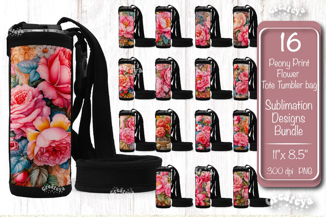 Skinny tote tumbler bag Bundle sublimation wrap Tumbler Tote bag sublimation design Watercolor flower Pink Peony Print PNG Sublimation Createya Design 