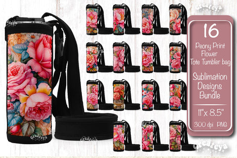 Skinny tote tumbler bag Bundle sublimation wrap Tumbler Tote bag sublimation design Watercolor flower Pink Peony Print PNG Sublimation Createya Design 