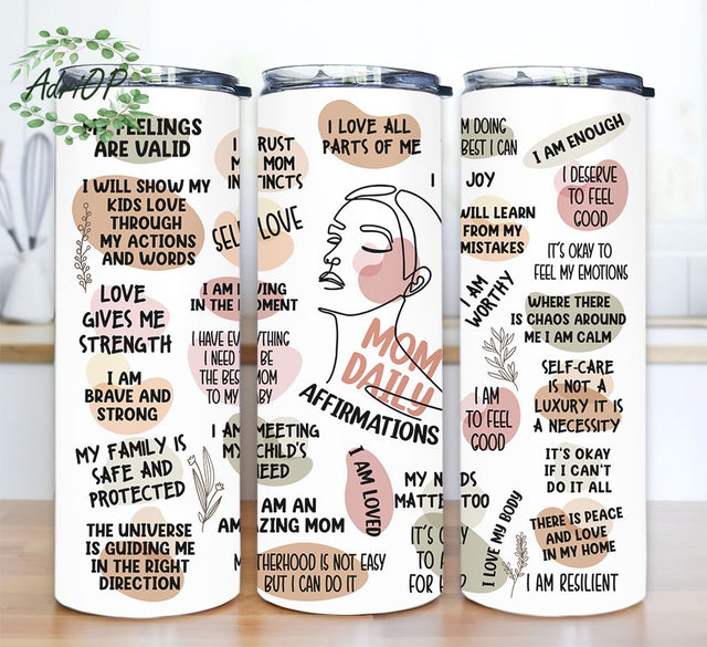 Skinny Tumbler Sublimation and Frosted glass Mom Daily Affirmations Inspirational Tumbler png,Boho Self love positive wording Sublimation AdriOP 