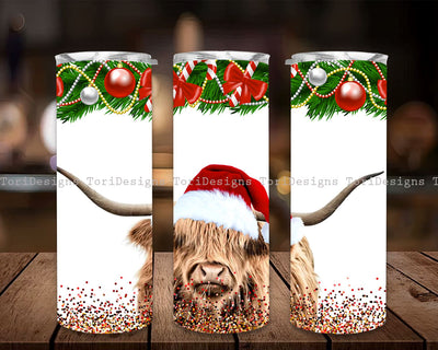 Skinny Tumbler Sublimation Designs Christmas Highland Cow Santa Hat Tumbler Wrap for Straight Tapered Tumbler PNG File Digital Download Sublimation ToriDesigns 