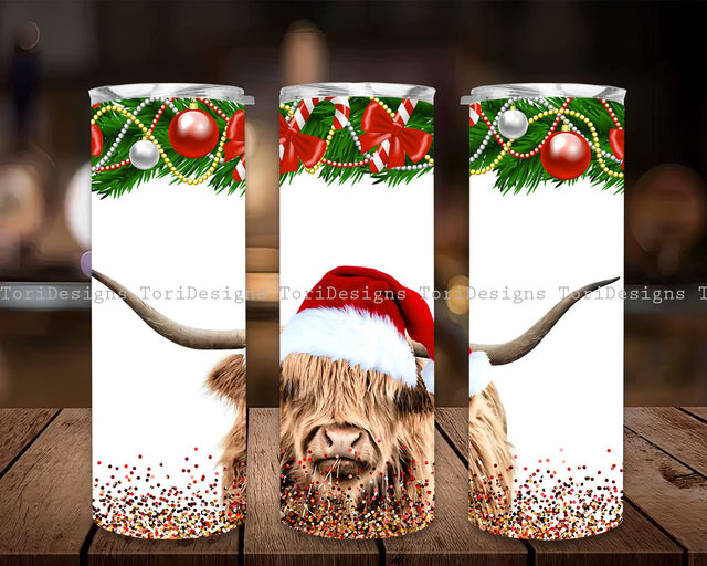 Skinny Tumbler Sublimation Designs Christmas Highland Cow Santa Hat Tumbler Wrap for Straight Tapered Tumbler PNG File Digital Download Sublimation ToriDesigns 
