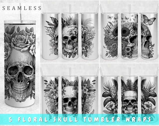 Skull and Flowers Tumbler Wraps Bundle, 20 Oz Skinny Tumbler Skull Sublimation Designs, Seamless Floral Skull PNG, 5 Designs Sublimation HappyDesignStudio 