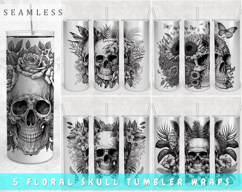 Skull and Flowers Tumbler Wraps Bundle, 20 Oz Skinny Tumbler Skull Sublimation Designs, Seamless Floral Skull PNG, 5 Designs Sublimation HappyDesignStudio 