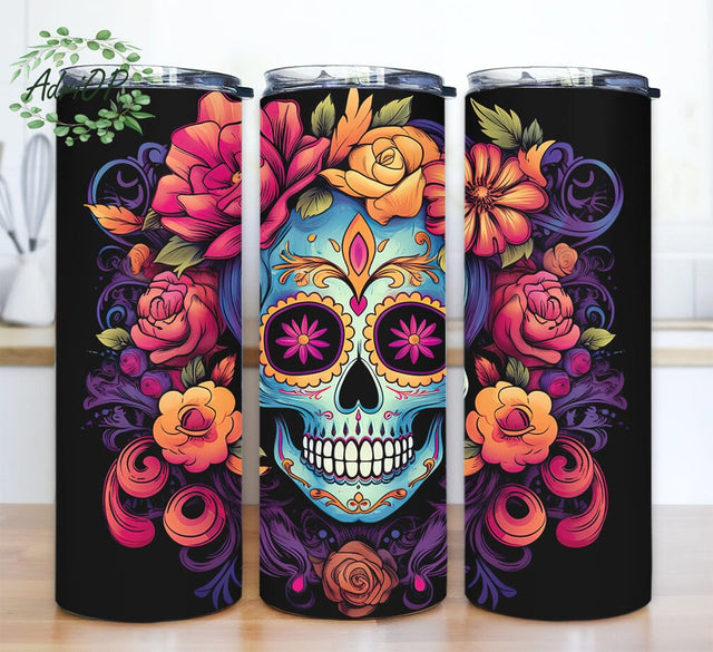 Skull and Pink Purple Roses Flowers 20oz Skinny Tumbler Wrap, Skull Pink Flowers Tumbler, Floral Geometric Sublimation Design, Skull Watercolor Png, Halloween Skull Tumbler Png Sublimation AdriOP 