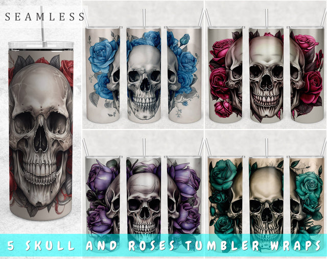 Skull And Roses Tumbler Wraps Bundle, 20 Oz Skinny Tumbler Skull And Flowers Sublimation Designs, Seamless Floral Skull PNG, 5 Designs Sublimation HappyDesignStudio 
