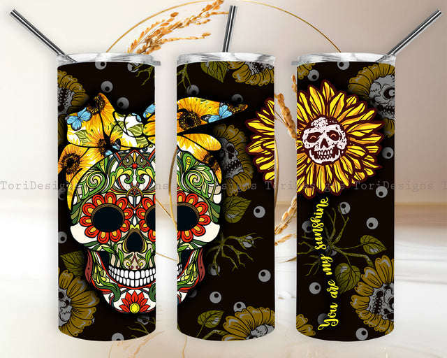 Skull and Sunflower 20oz Skinny Tumbler Wrap Sublimation ToriDesigns 