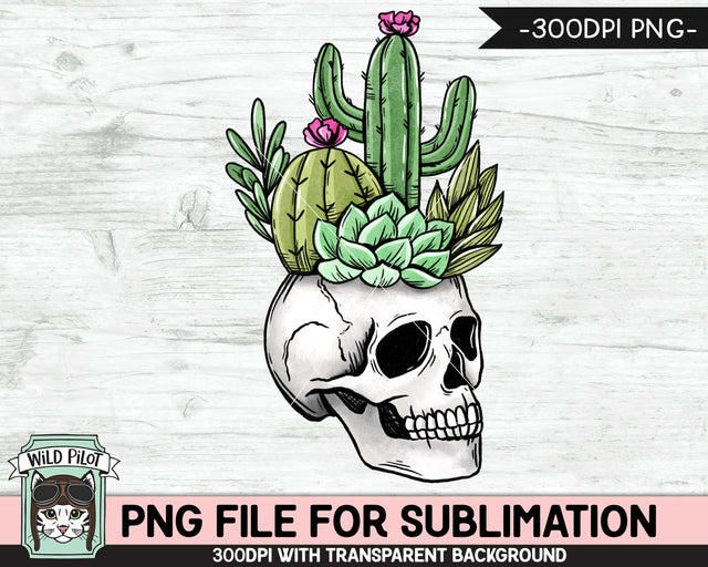 Skull Cactus Planter SUBLIMATION design PNG, Cactus Skull png file, Skull sublimation, Fall png, Autumn png, Halloween png, Succulent Skull illustration png Sublimation Wild Pilot 