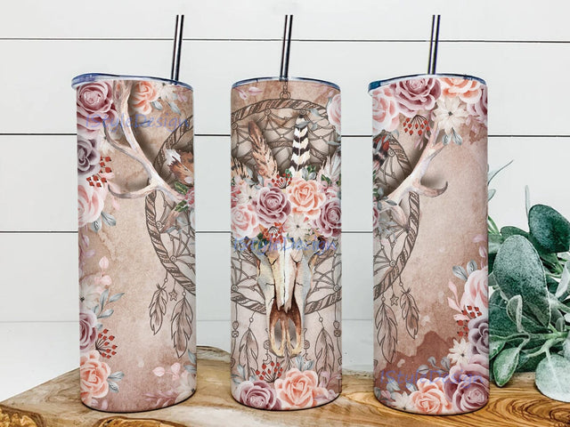 Skull Dear Tumbler Wrap, Roses Flower, Boho Tumbler, Pink Roses Png, Skull Cow Tumbler, Boho Bull Skull, Rose Cow Tumbler Sublimation iStyleDesign 