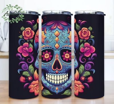 Skull Floral 20oz Skinny Tumbler Wrap, Skull in Purple and Pink Flowers Tumbler Design, Halloween Skull Tumbler Png, Floral Geometric Sublimation Design Sublimation AdriOP 