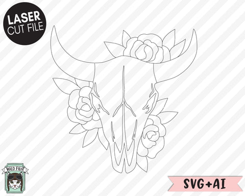 Skull Floral Laser Cut File, Cow Skull Laser File, Floral Cow Skull Laser Cut File, Flower Skull Cut File, Floral Cow Skull SVG File SVG Wild Pilot 