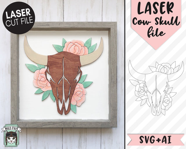Skull Floral Laser Cut File, Cow Skull Laser File, Floral Cow Skull Laser Cut File, Flower Skull Cut File, Floral Cow Skull SVG File SVG Wild Pilot 