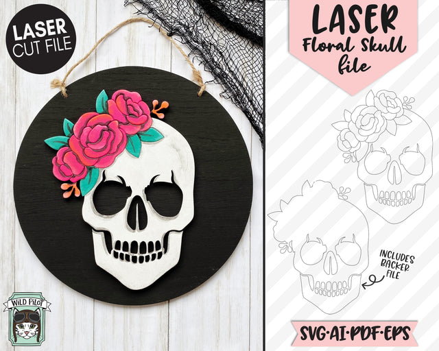 Skull Floral Laser Cut file SVG, Skull Laser File, Flower Skull Laser Cut file svg, Halloween Laser cut file, Single Line cut file SVG Wild Pilot 