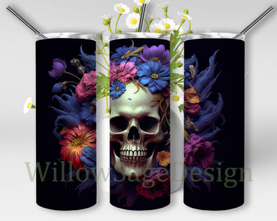 Skull Flower 20oz Skinny Tumbler Png, Background Black Skull Flower Tumbler, Black Skull Tumbler, Floral Skull Tumbler Wrap, Skull Tumbler Png, 3D Gothic Flowers Skull Png Sublimation WillowSageDesign 