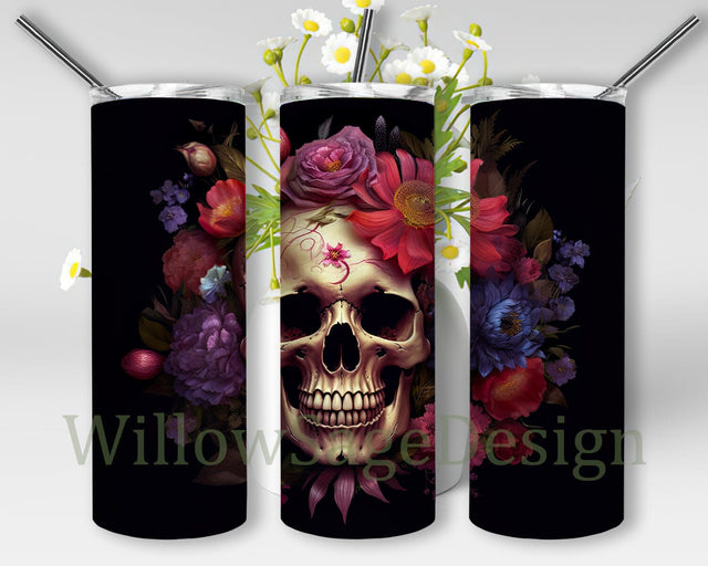 Skull Flower 20oz Skinny Tumbler Png, Background Black Skull Flower Tumbler, Black Skull Tumbler, Floral Skull Tumbler Wrap, Skull Tumbler Png, 3D Gothic Flowers Skull Png Sublimation WillowSageDesign 