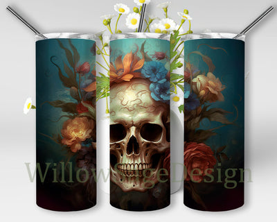 Skull Flower 20oz Skinny Tumbler Png, Background Black Skull Flower Tumbler, Black Skull Tumbler, Floral Skull Tumbler Wrap, Skull Tumbler Png, 3D Gothic Flowers Skull Png Sublimation WillowSageDesign 