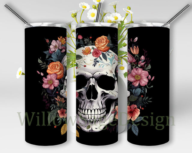Skull Flowers 20oz Skinny Tumbler Png, Skull Flowers Tumbler, Floral Skull Tumbler Wrap, Skull Watercolor Tumbler Png, Pink Roses and Flowers Skull Tumbler Sublimation WillowSageDesign 